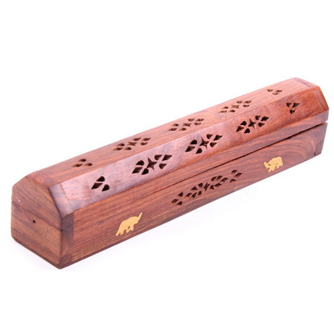 Sheesham Wood Incense Box with Brass Inlay Elephants