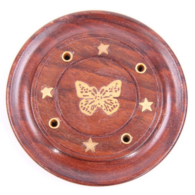 Sheesham Wood Round Ash Catcher - butterfly and stars inlay
