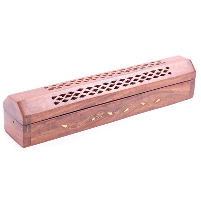 Sheesham Wood Incense Box with Brass Inlay Vine Design