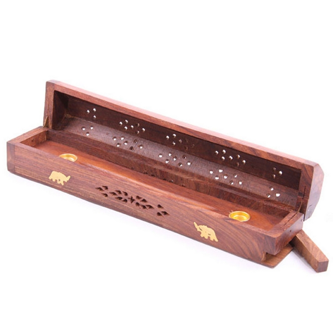 Wood Incense Storage Box and Burner With Brass OM Symbol Inlays