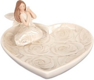 Angel figurine heart  shaped candle holder/ jewellery dish  with roses pattern