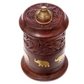 Carved Sheesham Wood Jar with Metal Elephant Inlay
