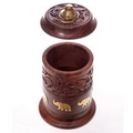 Carved Sheesham Wood Jar with Metal Elephant Inlay