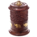 Carved Sheesham Wood Jar with Metal Elephant Inlay